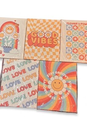 5pc Retro 70s Groovy Canvas Wall Art Set Preppy Dorm Room Decor New